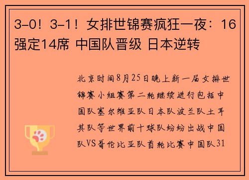 3-0！3-1！女排世锦赛疯狂一夜：16强定14席 中国队晋级 日本逆转
